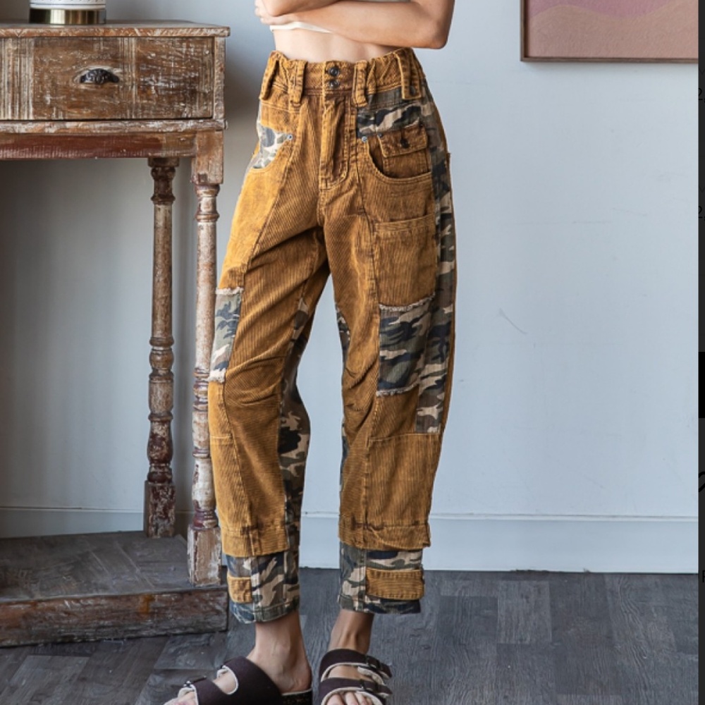 Corduroy Patchwork Cargo Pants in Mustard Camo - Women